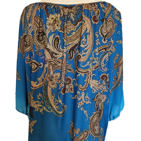 ❤️ 4/$20 Susan Graver top Women's 18W Teal tan paisley Keyhole tie 3/4 sleeve - Picture 10 of 13